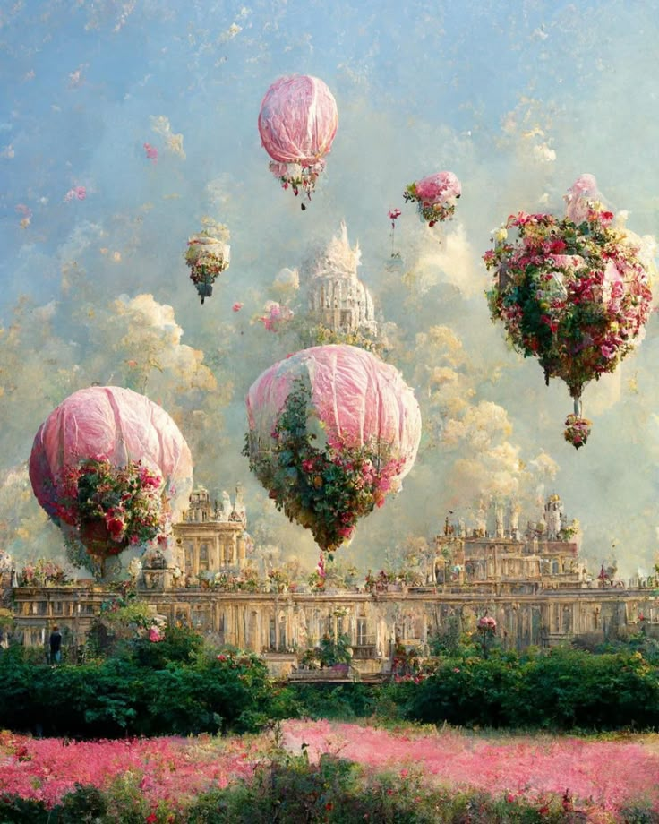 a painting of hot air balloons floating in the sky over a palace with pink flowers