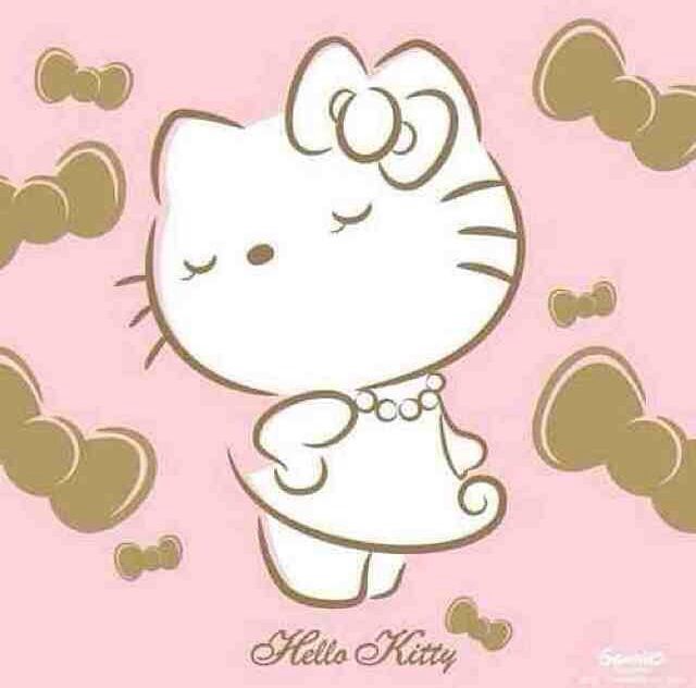 a hello kitty wallpaper with gold hearts on it's pink backgrund