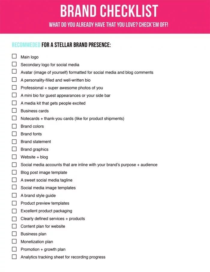 a pink checklist with the words,'brand checklist'in white letters