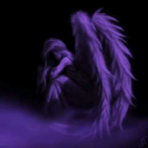 an angel with purple wings in the dark