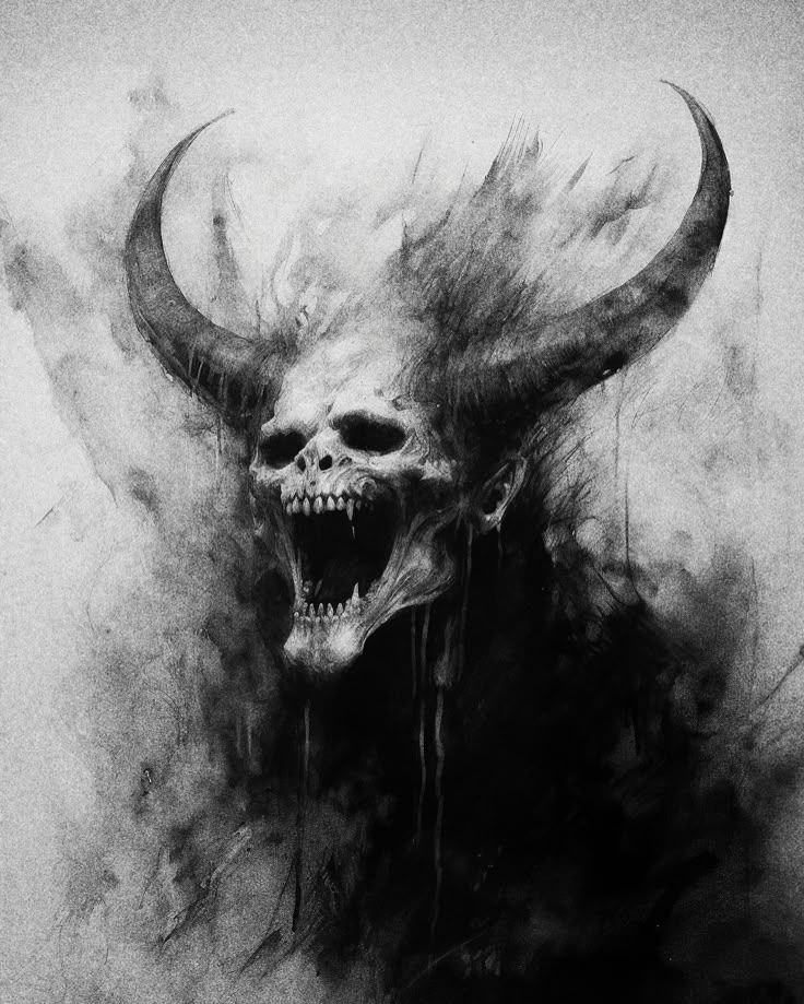 a black and white photo of a demon skull with large horns on it's head