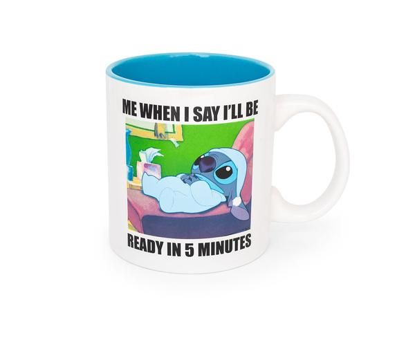 a blue and white coffee mug with the words, me when i say i'll be ready in 5 minutes