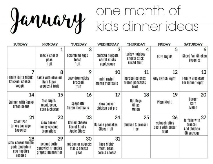 a calendar with the words january and one month of kids's dinner ideas on it