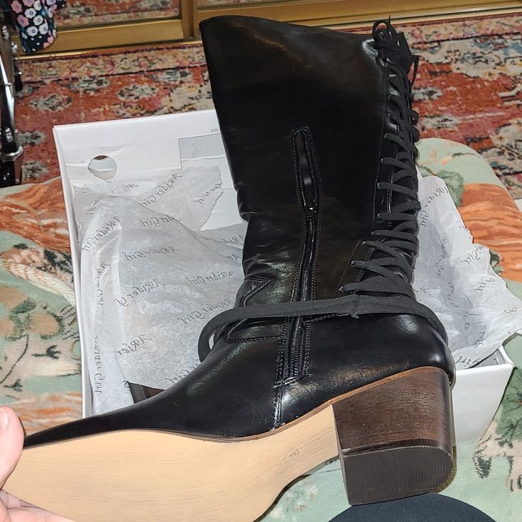 Brand New, Never Worn. Casual Wide Calf Lace-up Heeled Boots, Black Wide Calf Lace-up Boots For Fall, Casual Fitted Mid-calf Moto Boots, Wide Calf Black Mid-calf Lace-up Boots, Black Wide Calf Lace-up Mid-calf Boots, Black Lace-up Mid-calf Boots For Wide Calf, Black Lace-up Wide Calf Mid-calf Boots, Black Wide-calf Mid-calf Lace-up Boots, Trendy Wide Calf Lace-up Boots For Fall