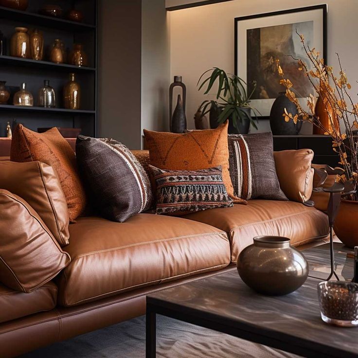 a living room filled with lots of brown furniture