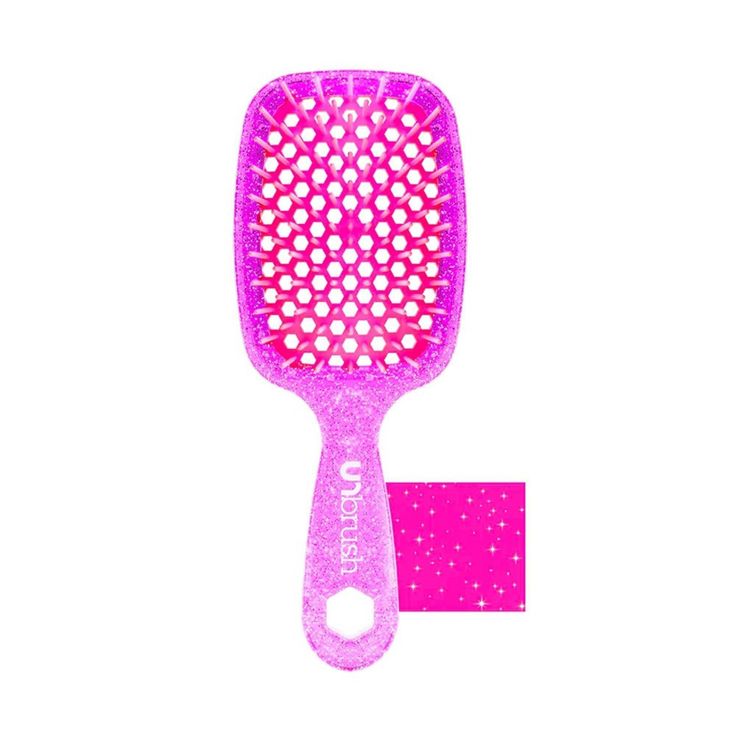 UNbrush - the brush gently yet thoroughly extracts knots and tangles from even the most unruly hair, painlessly and effortlessly. Featuring the perfect blend of 105 dual length bristles, combined with an ultralight high performance handle, UNbrush helps reduce styling time and prevents hair from catching. Great for wet or dry hair. The Unbrush, Curly Hair Brush, Sparkly Hair, Blow Dry Brush, Polished Hair, Unruly Hair, Detangling Brush, Glitter Roses, Pink Sparkly