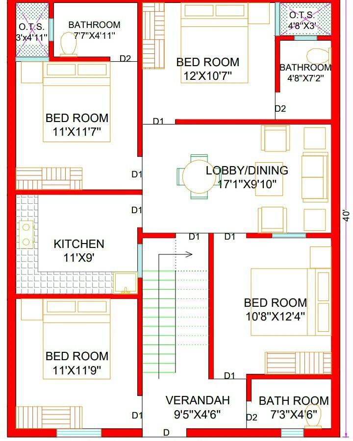 a red and white floor plan for a house with three rooms on the first level