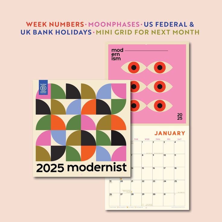 A Bauhaus Inspired Art Calendar, with a fresh and modern colour palette - this large size wall calendar is designed with our North American customers in mind where the week starts on Sunday. It is LP size, approx 12” x 12” Inch size (30cm x 30cm), featuring striking Bauhaus inspired artwork on the top page, this calendar opens to a double height (approx 24" tall) format revealing a spacious grid for appointments, plans, notes, and more. 12 months, starting January to December 2025. With every ne Calendar 2025 Design, Calendar Design 2025, Monthly Calendar Design, Graphic Design Calendar, Modern Calendar Design, Calendar Design Inspiration, Dry Erase Planner, Calendar Cover, Wall Calendar Design