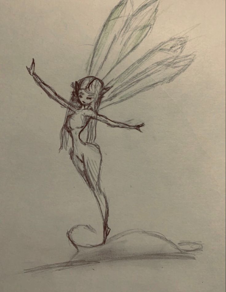 a pencil drawing of a fairy with her arms outstretched and legs spread out in the air