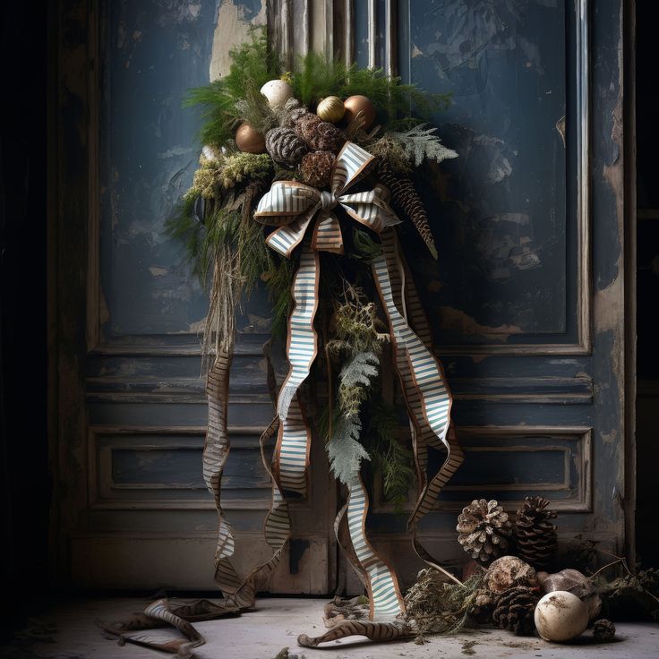 a christmas wreath with pine cones and other decorations