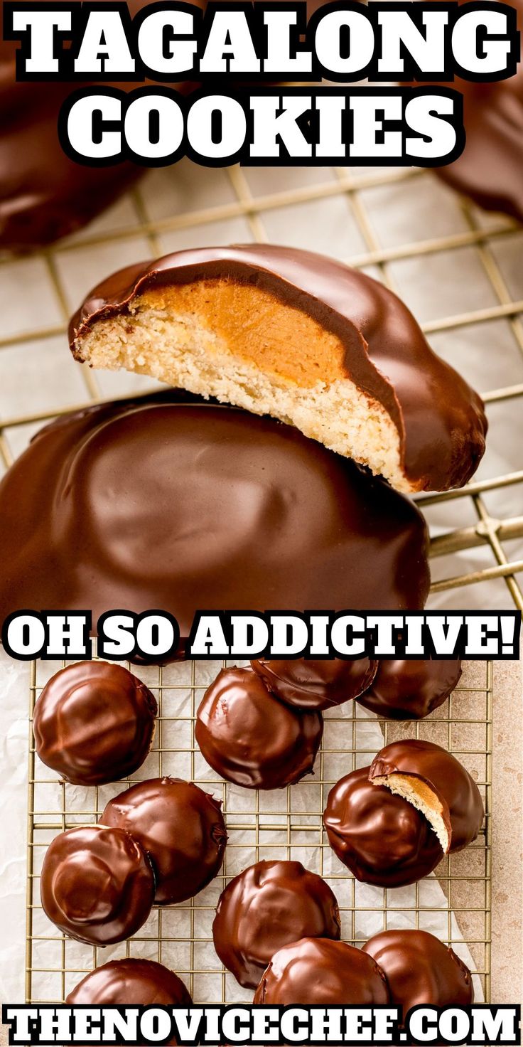 chocolate covered cookies on a cooling rack with the words tagalong cookies above them