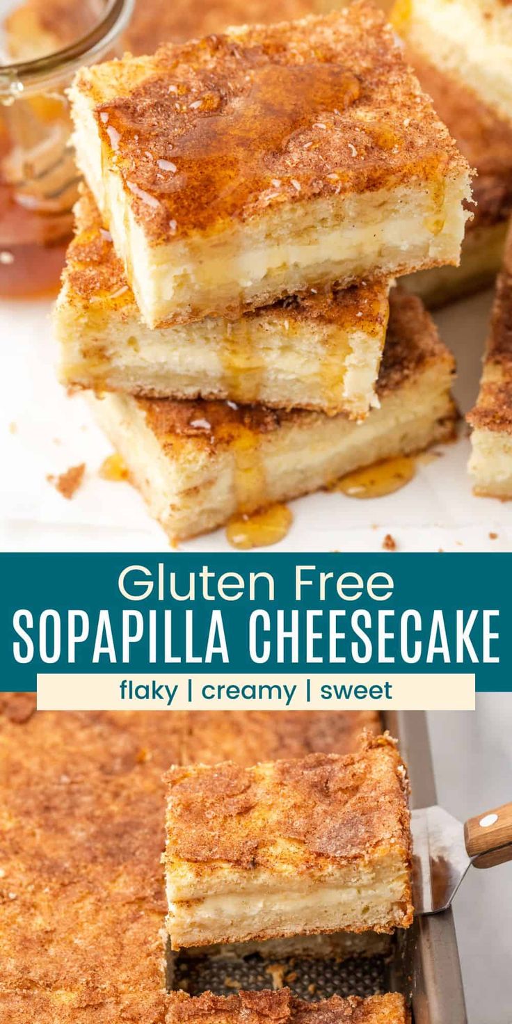 there are several pieces of cheesecake stacked on top of each other with the words gluten free sopapila cheesecake above them