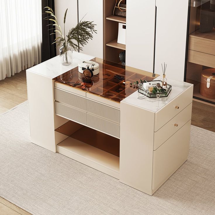 a living room with a table and some plants