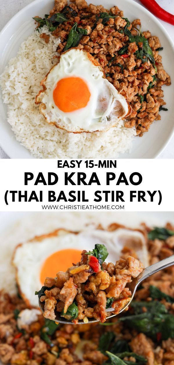 an egg is on top of some rice with other foods in the background and text overlay that reads easy 15 - min pad kra pao thai stir fry