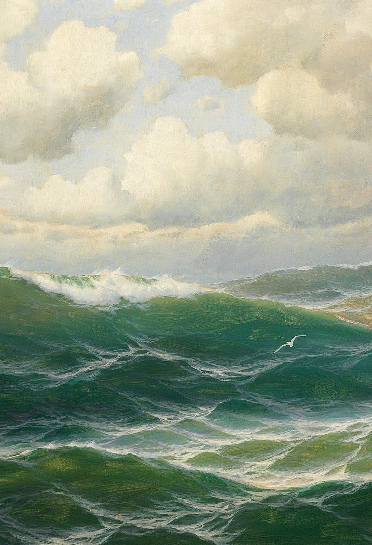 an oil painting of the ocean with white clouds