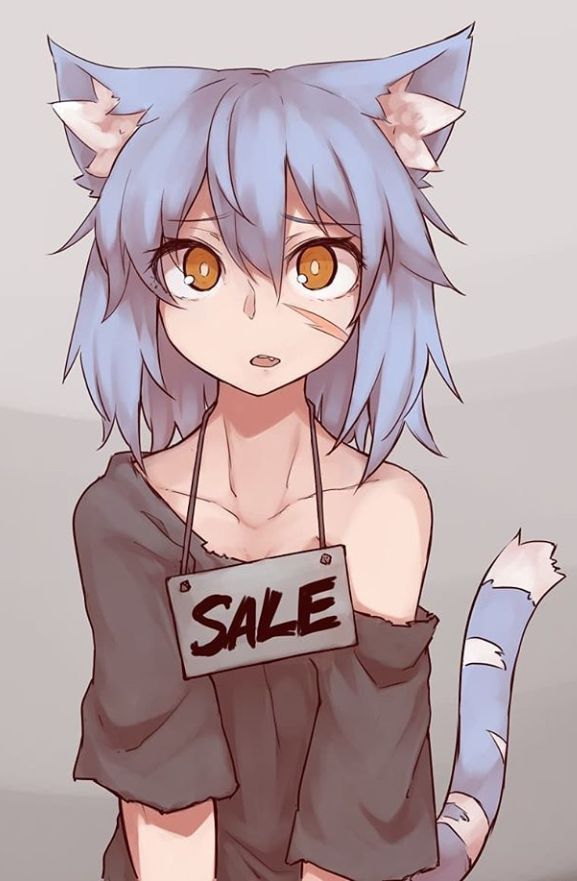 an anime character with blue hair holding a sale sign