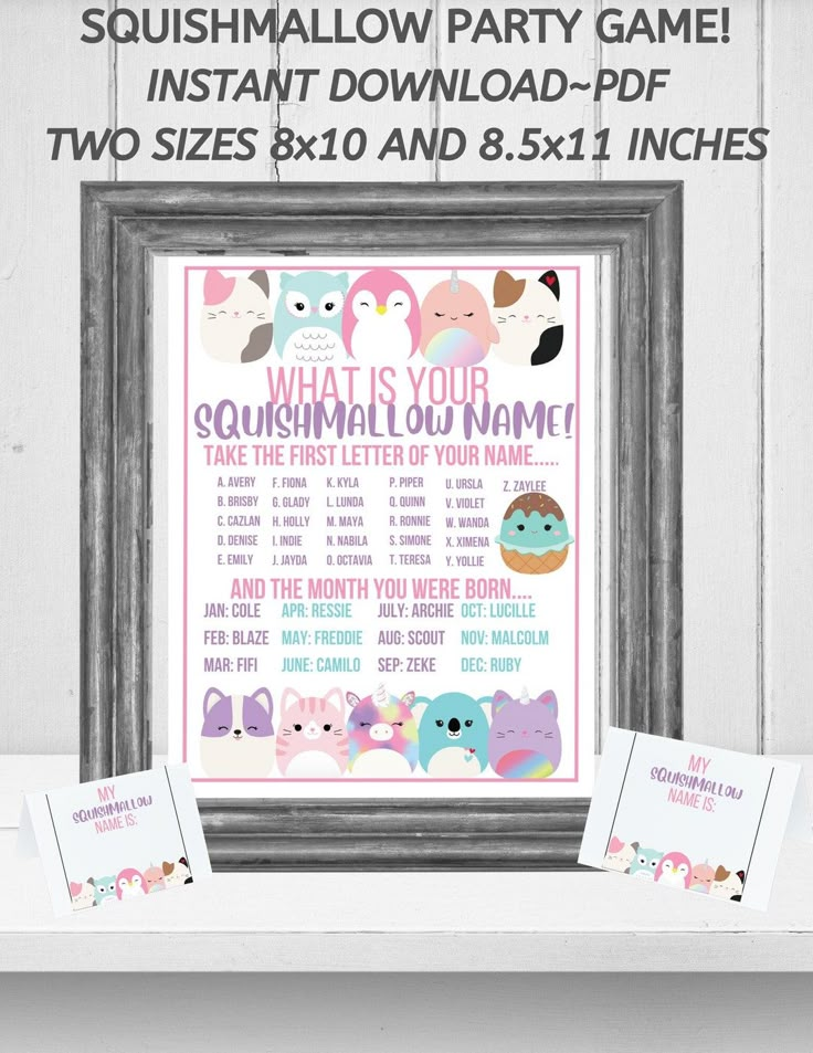 a printable poster with the words what is your squshmallow party game