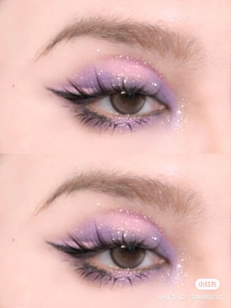 Purple Makeup Looks Asian, Dreamy Purple Makeup, Light Pink And Purple Makeup Looks, Kawaii Purple Makeup, Pink And Purple Douyin Makeup, Lavander Makeup Prom, Lilac Douyin Makeup, Quince Makeup Ideas Natural Purple, Tangled Inspired Makeup