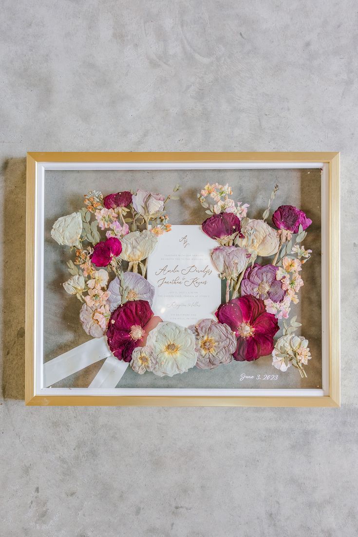 16x20 Pressed Flower Gold Wood Frame with Invitation Add On Frame With Flowers, Pressed Flower Frame, Wedding Bouquet Preservation, Pressed Flower Crafts, Floral Preservation, Bouquet Preservation, Future Wedding Plans, Cute Wedding Ideas, Glass Frame