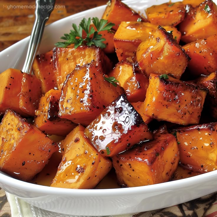 a white bowl filled with cooked sweet potatoes