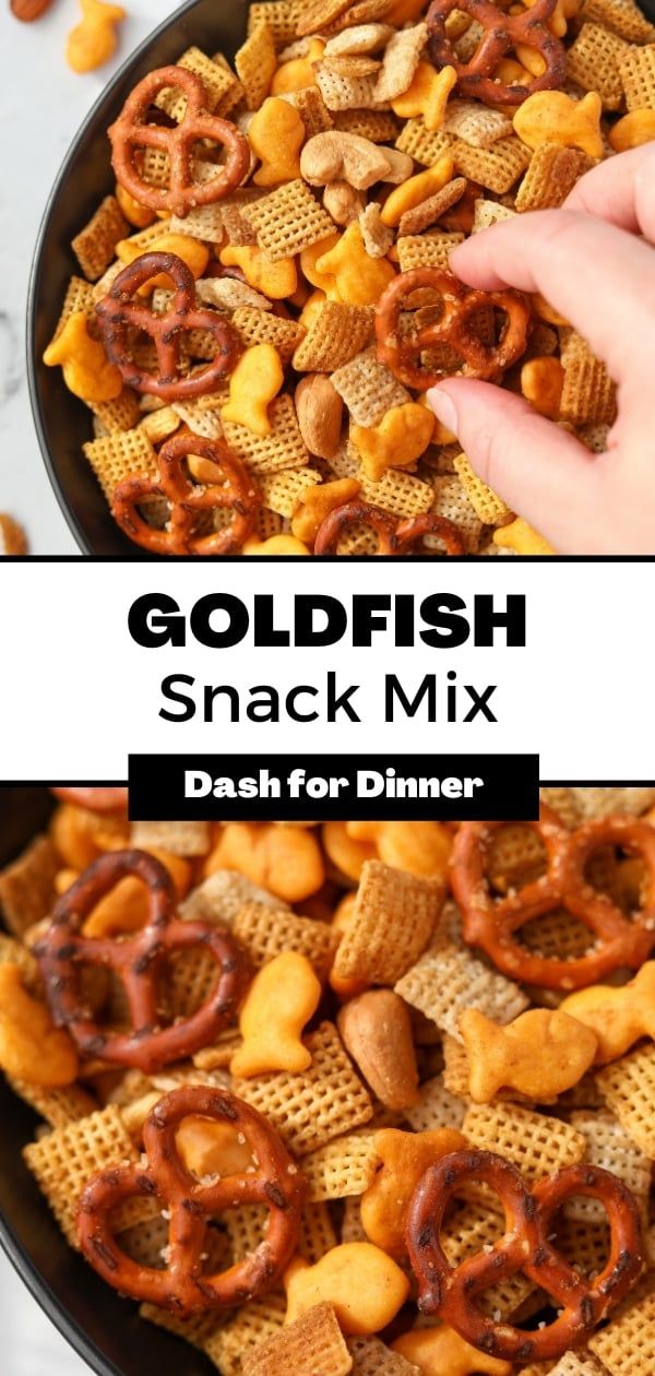 goldfish snack mix in a skillet with crackers and pretzels