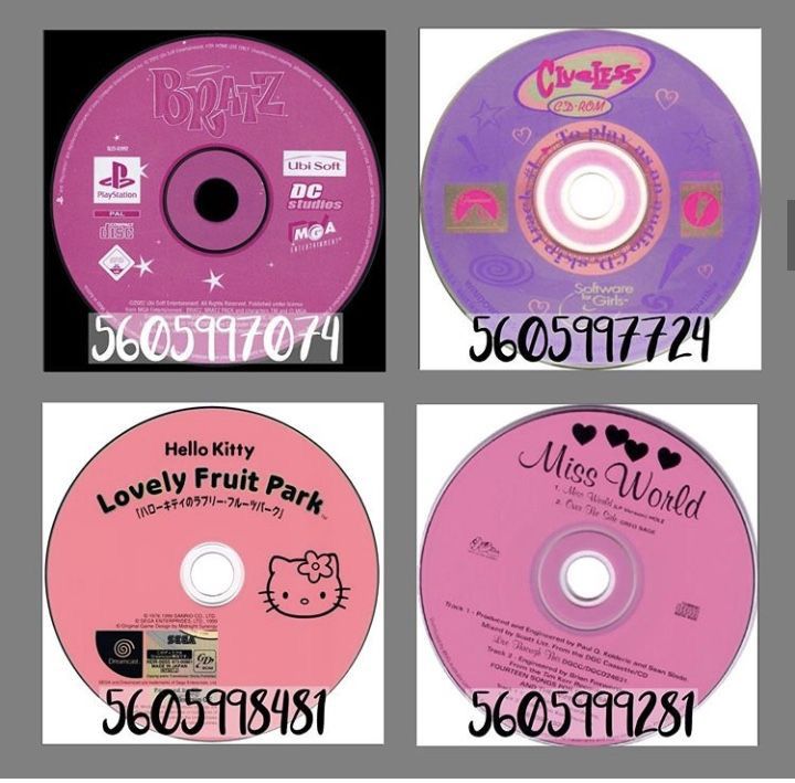 four cds with hello kitty on them are shown in three different colors and font options