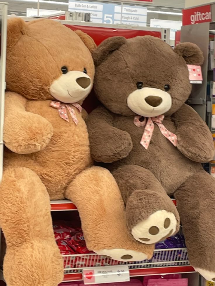 two brown teddy bears sitting on top of each other in a store aisle with pink boxes