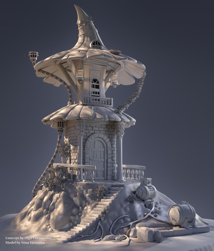 an artistic rendering of a house on top of a snowy hill with stairs leading up to it