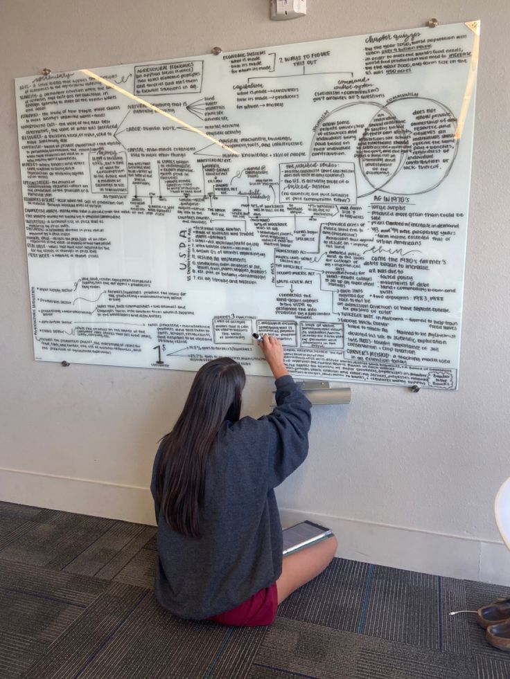 a woman sitting on the floor with her laptop in front of a large white board