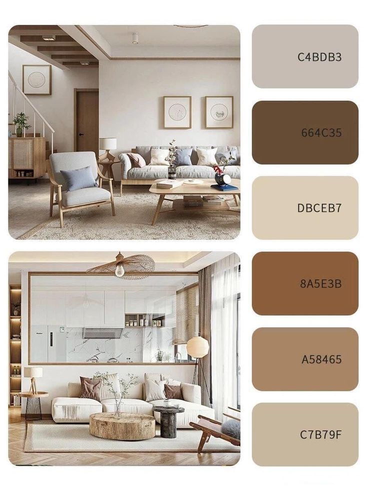 the living room is decorated in neutrals and browns