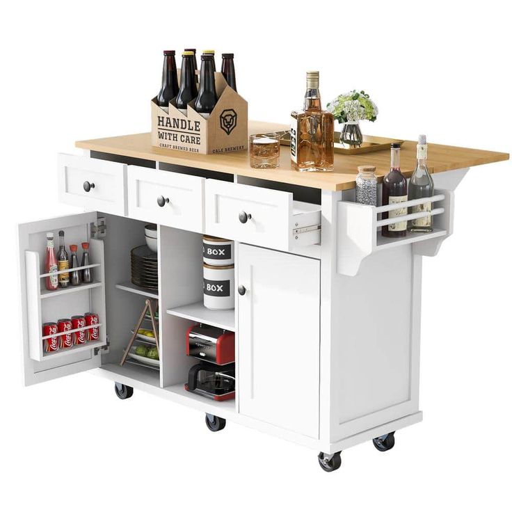 a kitchen island with wine bottles on it