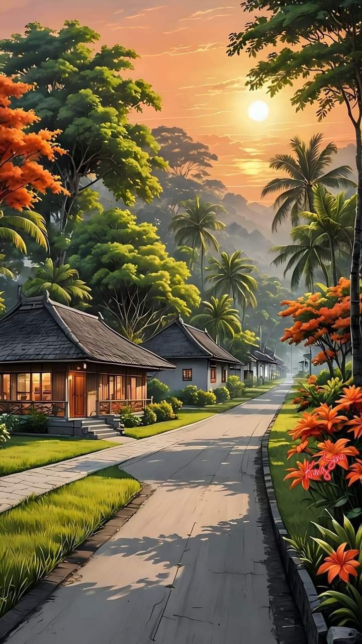 a painting of a tropical landscape with houses and flowers in the foreground at sunset