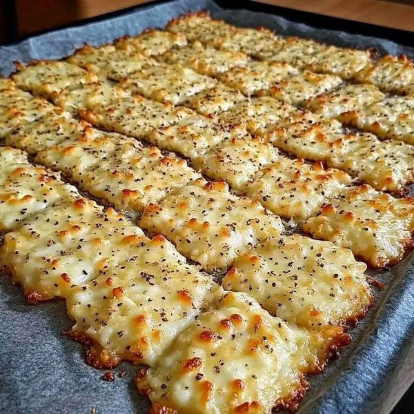 a pan filled with cheese covered crackers on top of a table