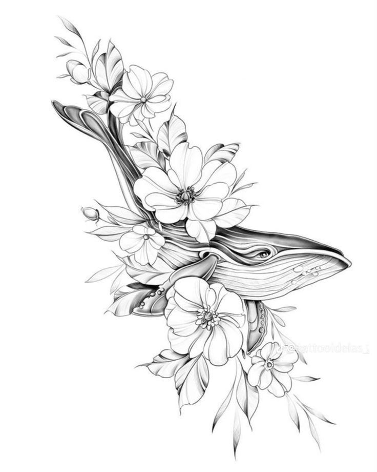 a black and white drawing of a bird with flowers