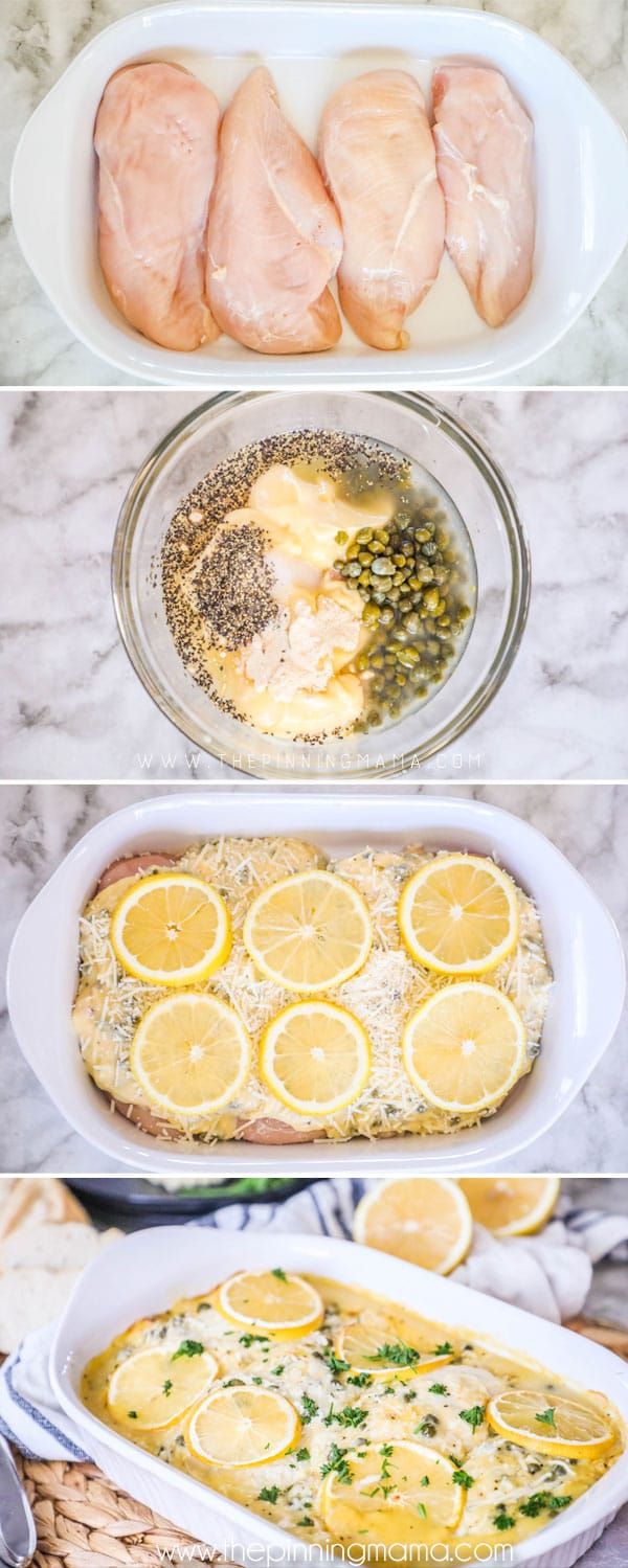 four different pictures showing how to cook chicken in the oven with lemons, capers and seasonings