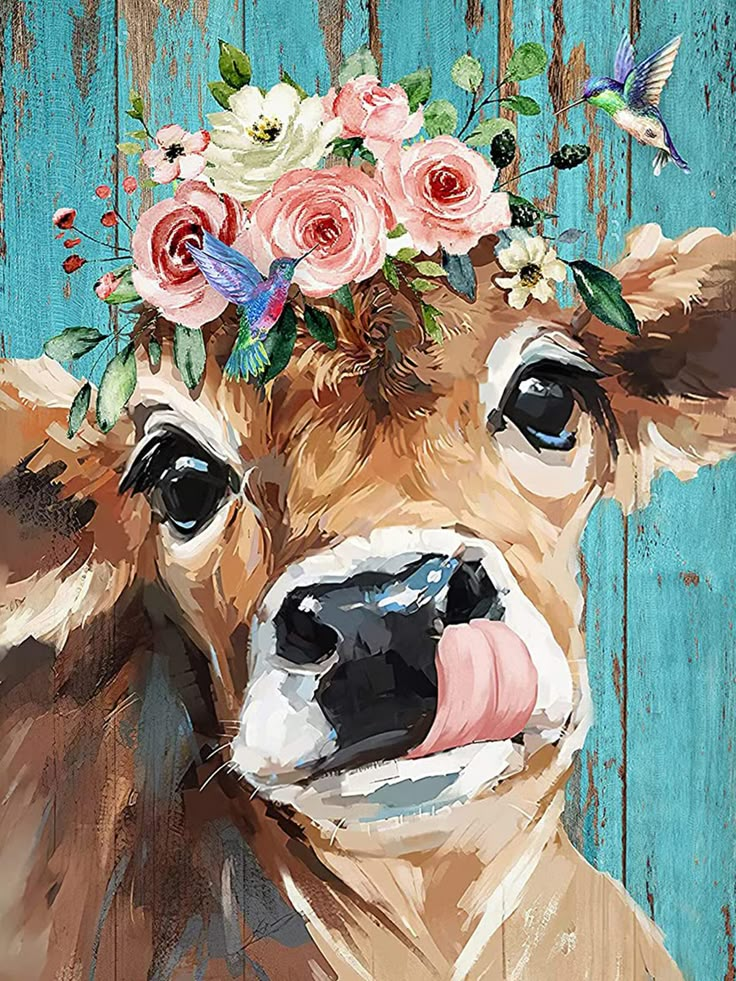 a painting of a cow with flowers on it's head, against a blue background