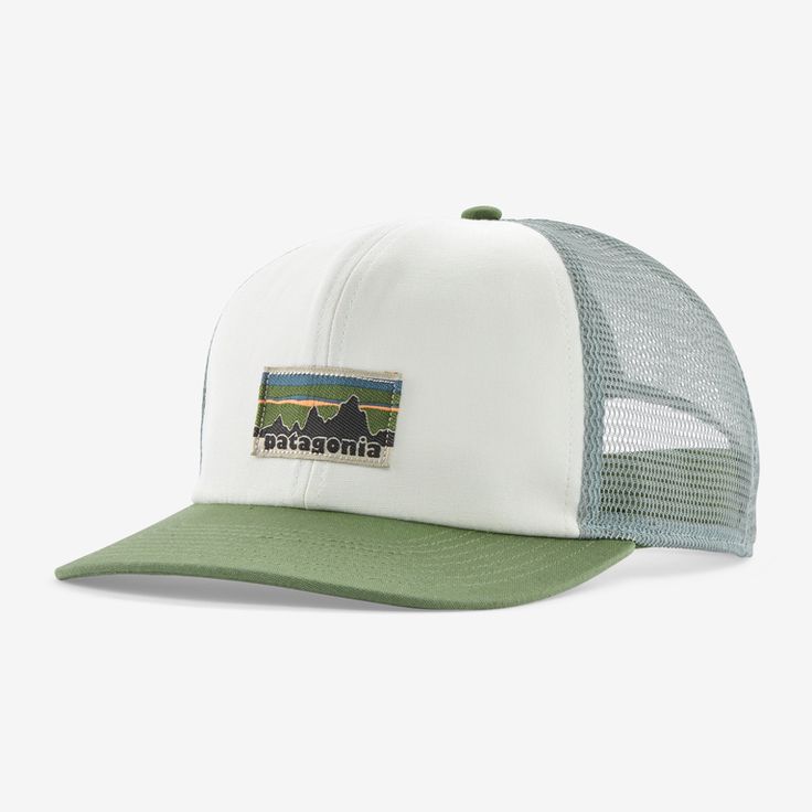 Featuring a brim made with Bureo’s fully traceable NetPlus® 100% recycled fishing nets, our classic mid-crown trucker hat features an organic cotton front, a recycled polyester-mesh back and an adjustable snap closure. Made in a Fair Trade Certified™ factory. | Patagonia Relaxed Trucker Hat in Birch White - Trucker Hats & Caps - Organic Cotton/Recycled Polyester/Pfas Mountain Hats, Patagonia Cap, Patagonia Hat, Mountain Hat, 50% Logo, Crown Hat, Fishing Nets, Natural Style, Trucker Hats