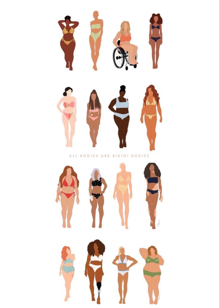 an image of different types of women in swimsuits and bathing suits on a white background