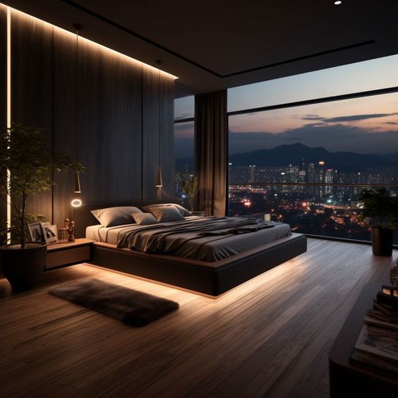 a large bed sitting in the middle of a bedroom next to a night sky view