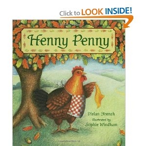 a book with an image of a chicken under a tree and the title henny penny