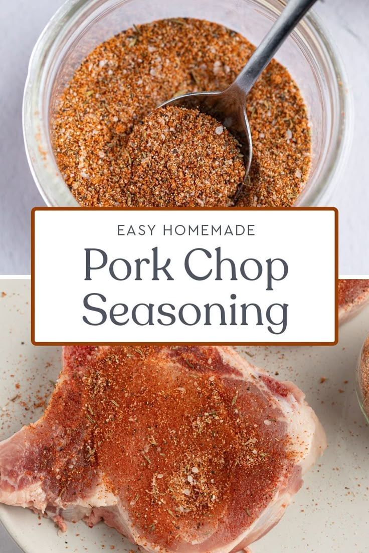 pork chop seasoning in a glass bowl on a white plate with the title overlay reads easy homemade pork chop seasoning