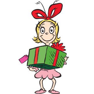 a cartoon girl holding a green box with a red bow on it's head