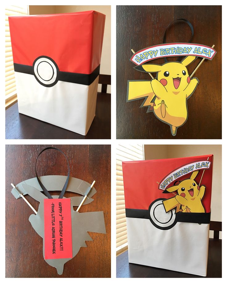 four different pictures of pokemon birthday bags with the same design and name on each bag