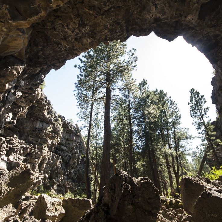 an open cave with trees and rocks in the foreground, on a sunny day