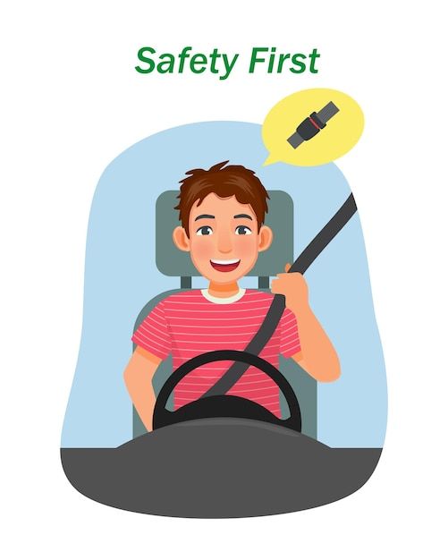 a man driving a car with the words safety first above him and an image of a steering wheel