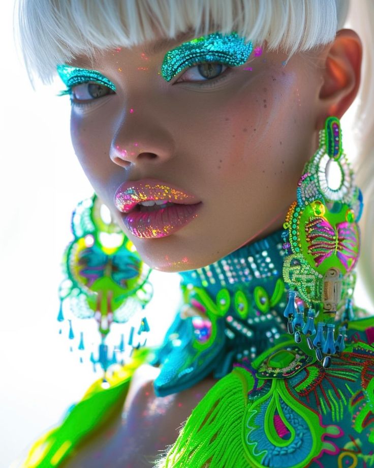 D A R E T O B E D I F F E R E N T -> These images are designed with help of AI #aiart #aifashion #aiartcommunity #fashion #fashionweek… | Instagram Groovy Makeup, Mermay Inspiration, Neon Desert, Skincare Headband, Neon Carnival, Geisha Makeup, Extreme Fashion, Vintage Hollywood Glamour, Pride Makeup