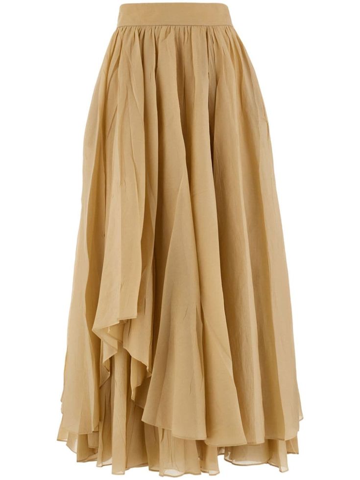 beige silk blend layered design concealed rear zip fastening high-waisted full skirt straight hem mid-length Skirt Straight, Beige Silk, Skirts Midi High Waisted, Versace Outfit, Model Outfits, Yoko London, City Dress, Layered Design, Brand Style