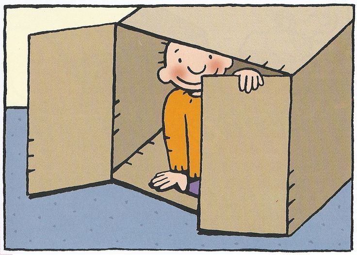 a cartoon character hiding in a cardboard box