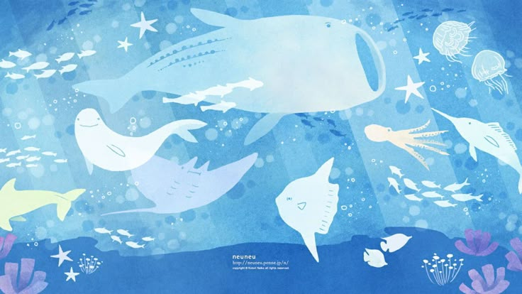 an underwater scene with various sea animals and fish in blue water, under the ocean surface