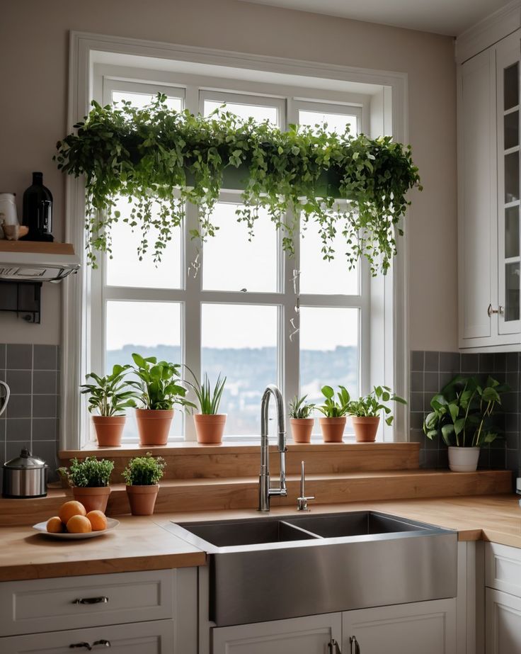 a kitchen window with potted plants and fruit on the counter